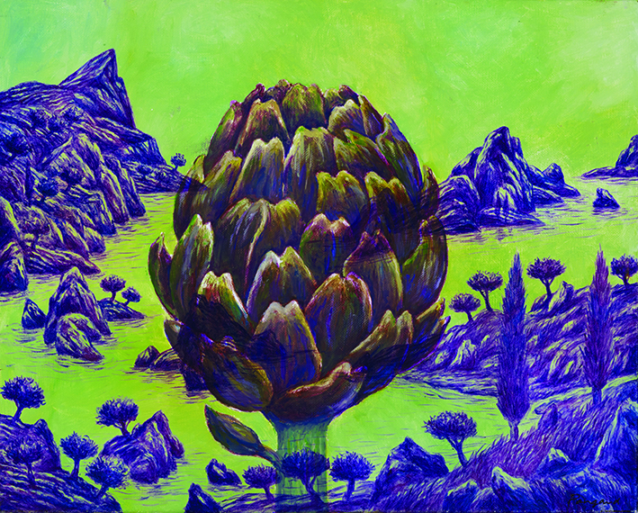 Pangaud, peinture contemporaine d’un artichaut placé au coeur d’un paysage marin, insolite, une réalité imaginaire, décor monochrome sur fond peinture à l’huile verte. La végétation et la nature en bord de mer.Pintura natural muerta de una alcachofa por PANGAUD Xavier, pintura realista colocada en un universo natural salvaje, libre y colorido.PANGAUD Xavier, realistic painting placed in a wild, free and colorful natural universe. The artichoke, an unusual vegetable in its shape, stands out among the rocks bordered by the sea
