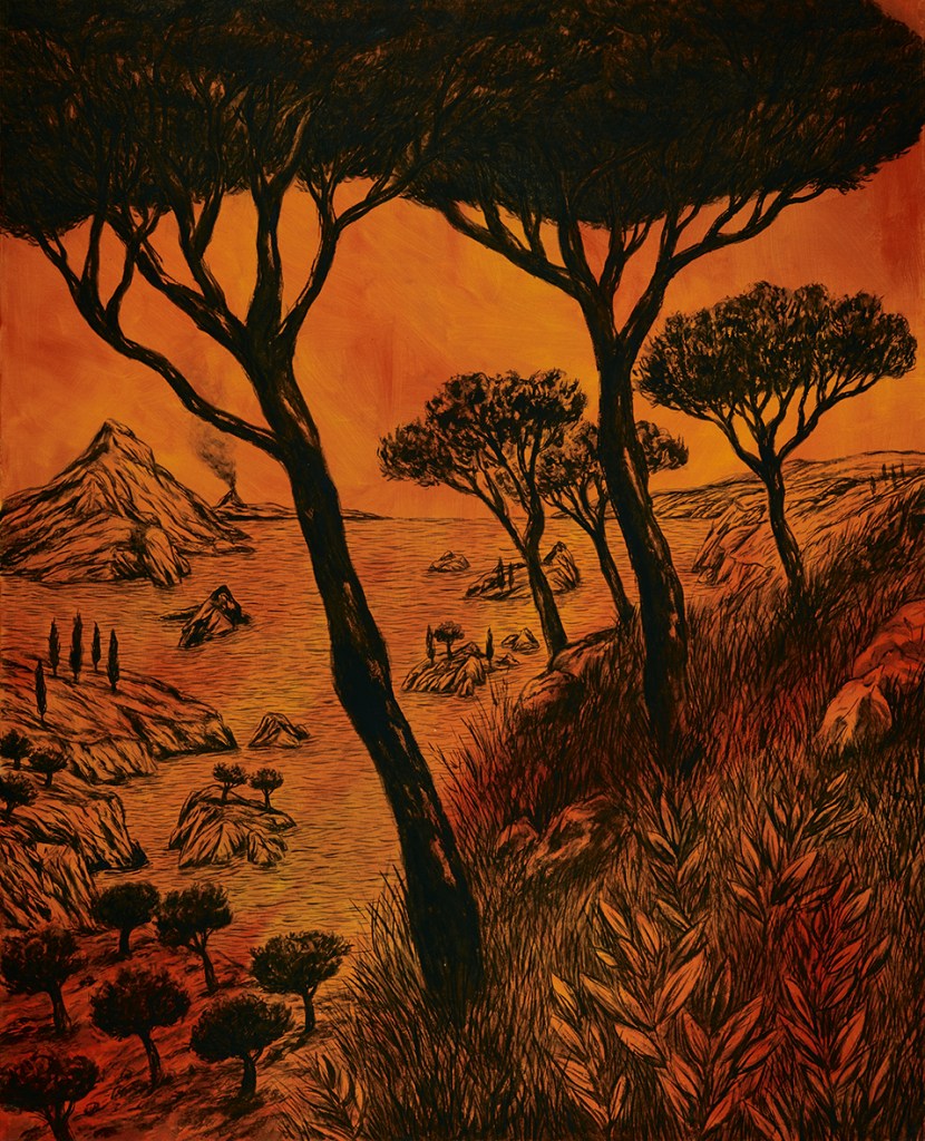 Pangaud-xavier-peinture-feu-violence-arbres-végétation-paysage contemporain-orange-monochrome-volcanique-arbres-pangaud-artiste-oliviers-arbres-végétation-paysage contemporain Peinture réaliste imaginaire de PANGAUD. Black trees watch over a timeless nature, resistant to climate change, with the arrival of fires whose glow floods the skies. Imaginary realistic painting-volcánico-árboles-artista-olivos-árboles-vegetación-paisaje contemporáneo