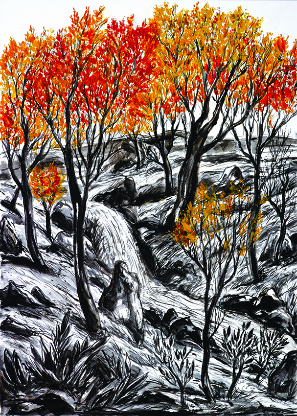 Pangaud peint une source d’eau s'écoulant dans la nature automnale dans les champs et les rochers. Peinture à l’encre de chine et huile sur papier de Xavier Pangaud, artiste français contemporain, professeur ensad paris, dessinateur, peintre par son trait crée des images imaginaires qui traduisent notre imaginaire mental. La nature que nous adorons et regardons et entretenons si mal. Spring flowing into the autumn nature between fields and rocks. Painting on paper by Xavier Pangaud, artist, painter by his stroke creates imaginary images to translate our mental imagination. Manantial que fluye en la naturaleza otoñal entre campos y rocas. pintura sobre papel de Xavier Pangaud, French artista, dibujante, pintor por su trazo crea imágenes imaginarias que quieren traducir nuestra imaginación mental. Esta naturaleza que adoramos y miramos y mantenemos tan mal.