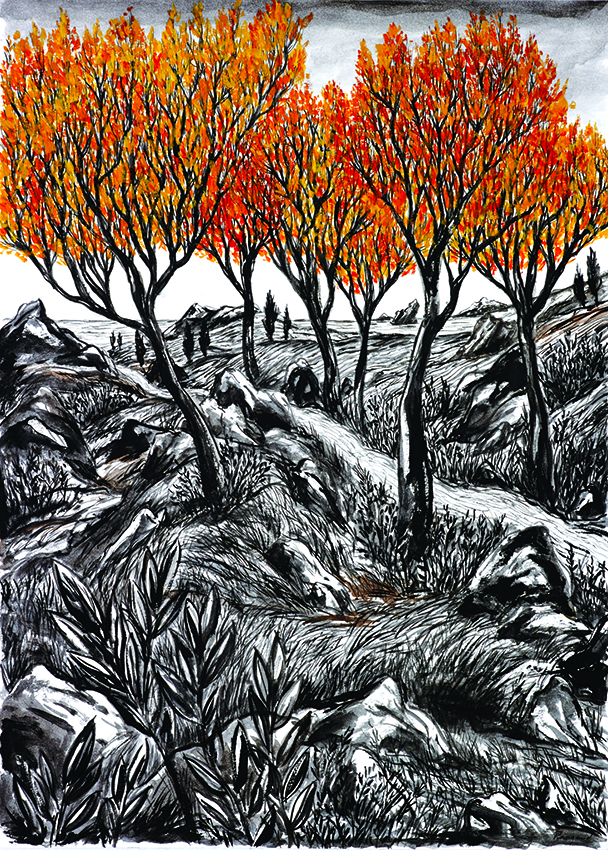 Peinture jeu de couleurs rouges et noir et blanc sur papier, pangaud artiste contemporain Lyon, visite atelier, painting landscaPeinture de l’artiste pangaud xavier, jeu de couleurs rouges et noir et blanc sur papier, artiste contemporain Lyon, visite atelier, painting landscape on paper, modern art image, peinture contemporaine, protection de l’image de la nature, création visuelle d’un paysage avec d rochers, végétation, arbres, feuilles, mer, sea, trees, rocks and river