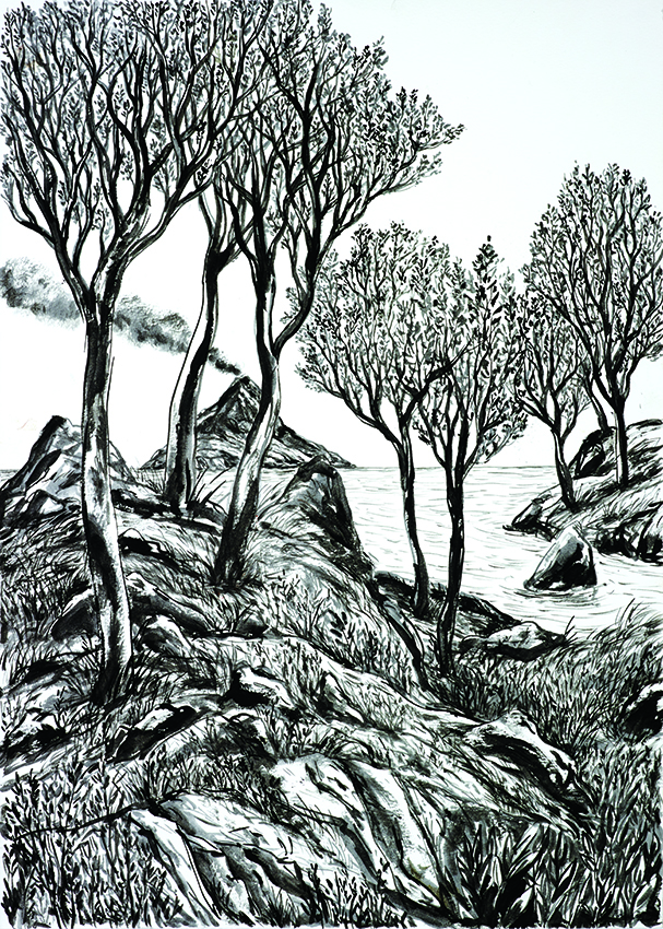 Peintures de paysage par Xavier Pangaud, artiste français contemporain, nature rêvée et imaginairer, libre de toute présence humaine, nous appréhendons le risque d'une éruption volcanique qui efface en un instant notre monde. Peinture à l’huile en monochrome noir, libre à chacun de mettre ses couleurs. L'artiste pangaud peint sur papier, la peinture à l'huile imprègne le support et aucun correction n'est possible. In his paintings Xavier Pangaud evokes in abundance the landscape of which we dream, free from any human borrowings, and which we apprehend by the risk of seeing by a volcanic eruption all this landscape disappear. The black monochrome, for pangaud it is simply not to stop on the details of the landscape, go to its visual source, free to each one to put him the colors of his choice. Xavier Pangaudt likes to paint on paper, the oil painting and ink permeates the medium and no correction is possible. Xavier Pangaud an die reiche Landschaft, von der wir träumen, frei von Menschen, und die wir mit der Gefahr in Verbindung bringen, dass durch einen Vulkanausbruch die ganze Landschaft in einem Augenblick verschwindet.