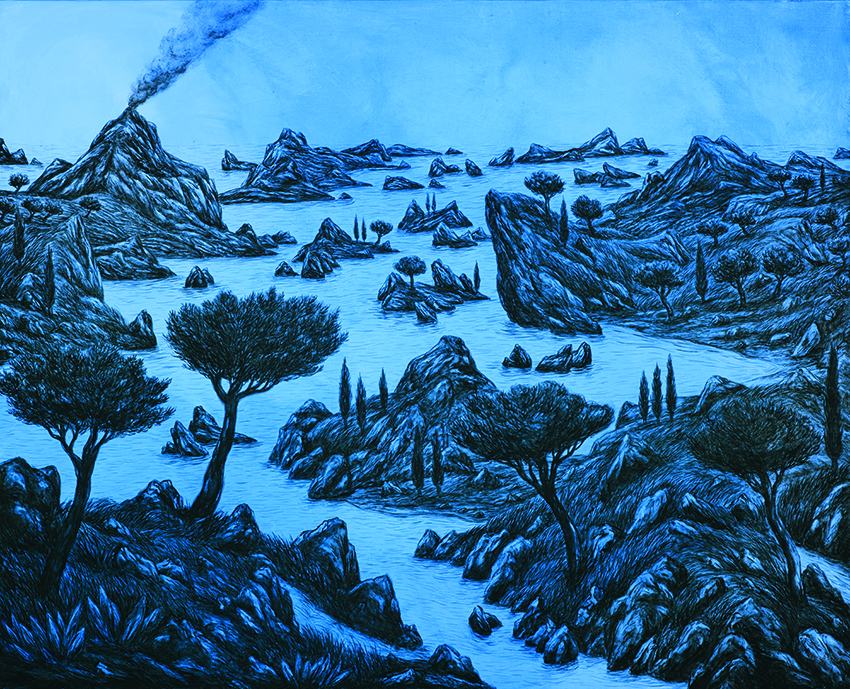 Pangaud, artiste contemporain, univers imaginaire réaliste par le dessin, paysage bleu avant la nui, lumière solaire, nature sauvage, sérénité. Xavier représente une vision du monde actuel, espace contemporain, Pangaud expose des images fortes et mémorisable. Huile sur toile, environnement monochrome noir sur fond coloré. Pangaud xavier likes to create realistic imaginary universes by drawing, this blue landscape before the night translates this moment where the sunlight withdraws, nature seems wise, serene before sleeping. Although complex by the division of the coast the nature is quiet.