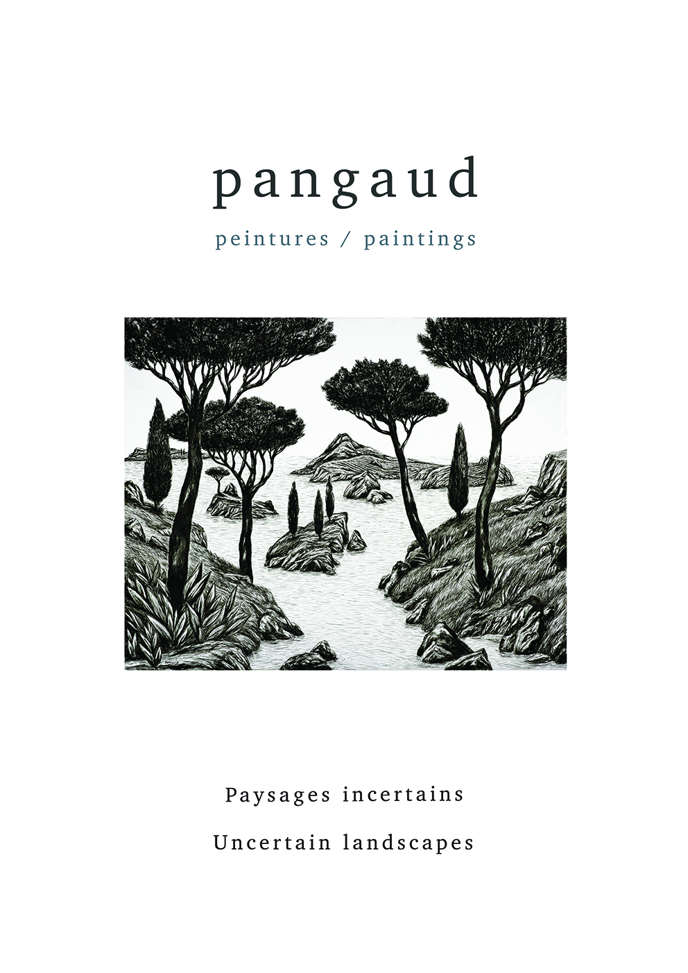 Couverture catalogue peintures de pangaud, artiste français contemporain, paysages incertains. Cover catalogue paintings of pangaud, contemporary French artist, uncertain landscapes