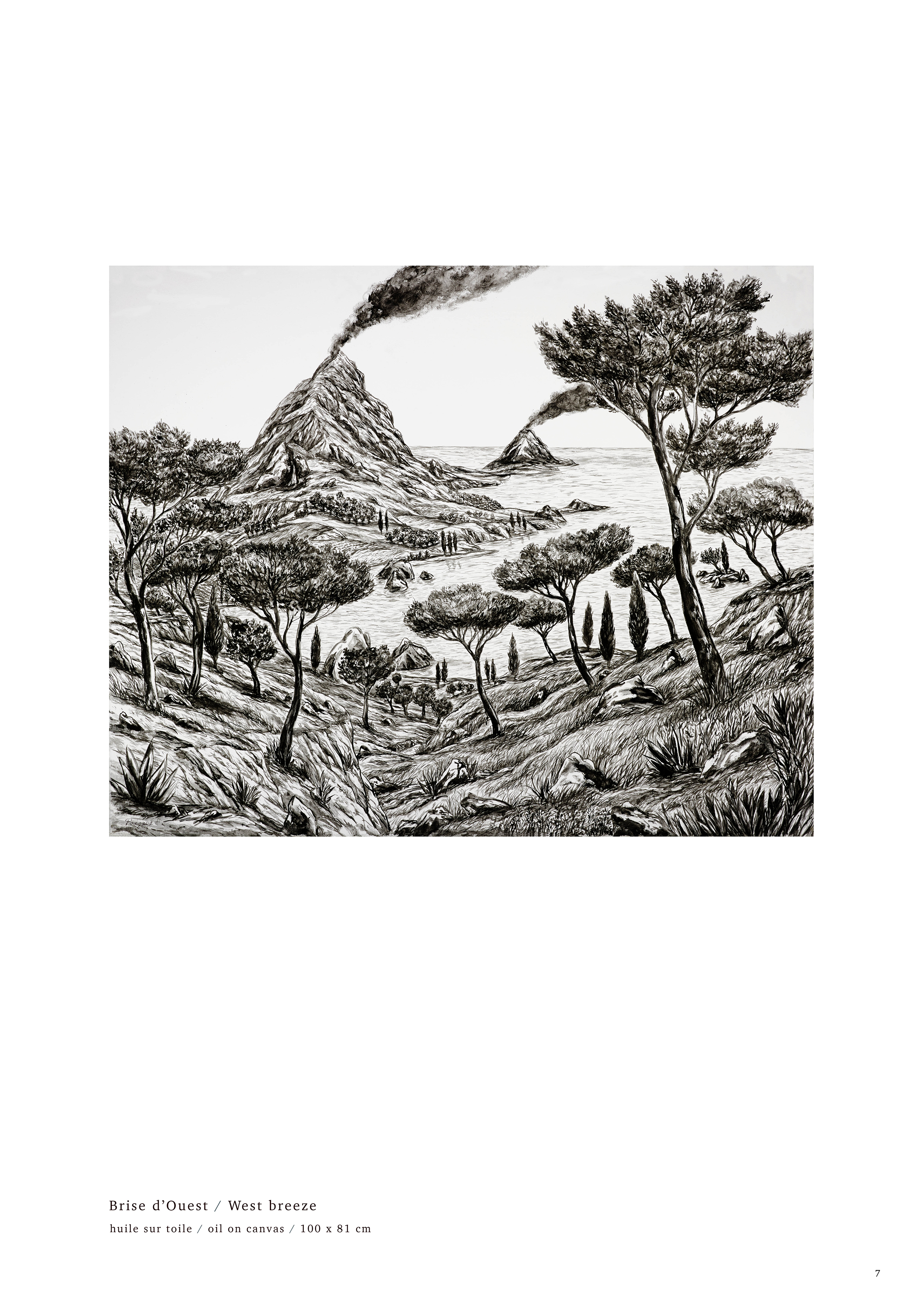 Paysage aux deux volcans en éruption avec fumerolles, interruption du temps, définition d'un espace infini et intemporel par pangaud writer