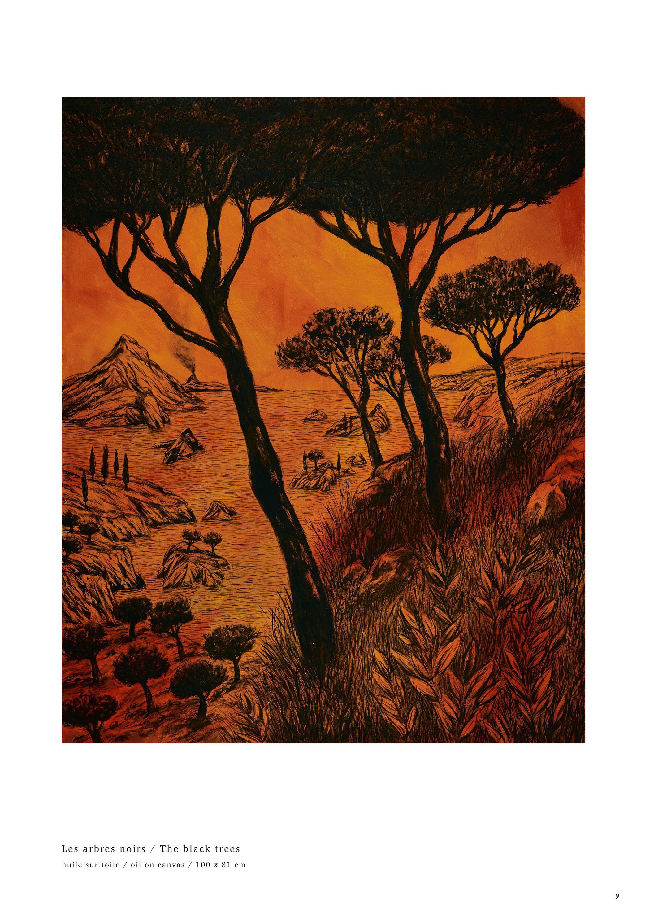 Sur une couleur jaune, brulante, orange, pangaud peint le réchauffement climatique, l'incertitude de l'avenir.