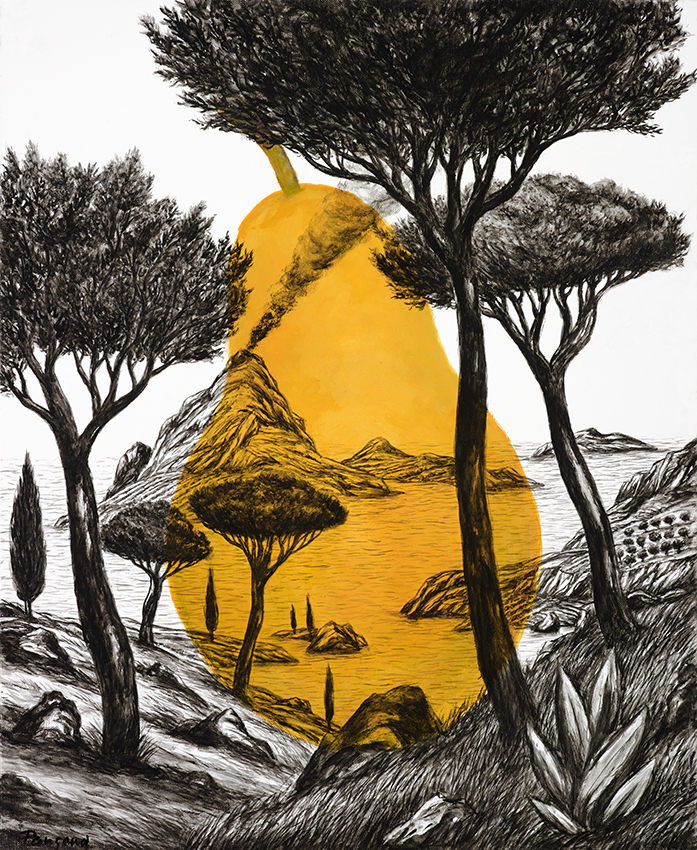 Le goût de la poire orange, le peintre Pangaud traduit l'éphémère du monde, le volcan fume, le changement climatique est notre avenir. La poire en couleur orange s’intègre au paysage imaginaire en monochrome noir. Son dessin est détaillé, précis, juste, la nature est sauvage et infinie. La mer est calme entre les iles et les rochers. The taste of orange pear, Pangaud paint our world, the volcano translates climate changement and the uncertainty of our future. El sabor de la pera naranja, Pangaud traduce el aspecto efímero de nuestro mundo, el volcán traduce el cambio climático y la incertidumbre de nuestro futuro.