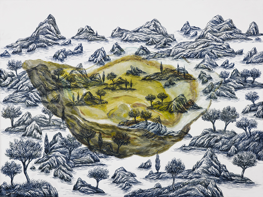 Pangaud-peinture-artiste contemporain-réalité imaginaire-regard sur le monde contemporain-protection de l'environnement et de la nature-fruit de la mer-rochers-ilots-bord de mer-couleur-monochrome-color-painting-artist-crustacé-perle