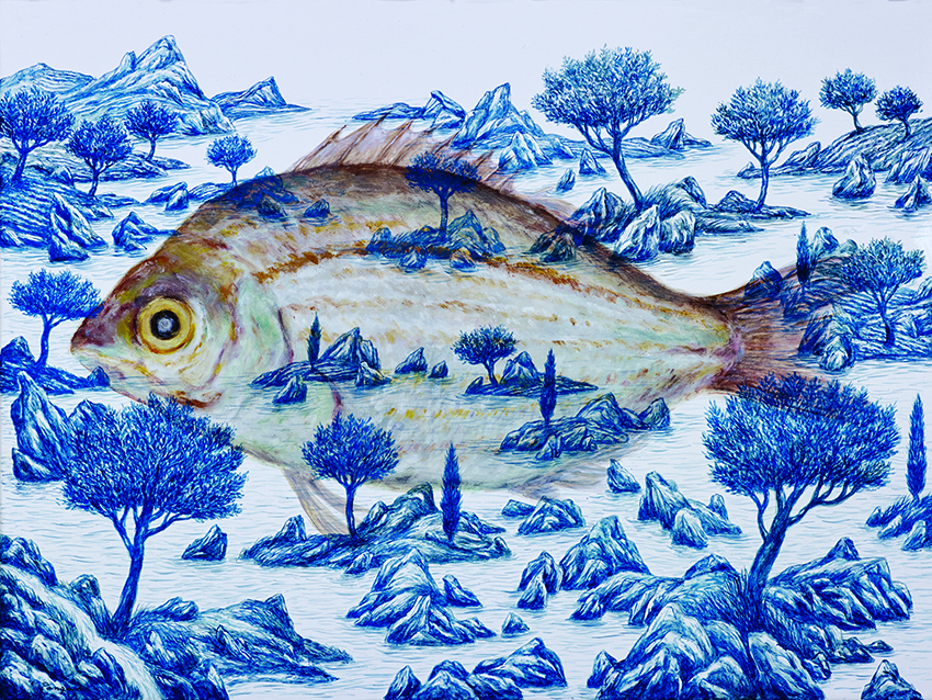 Pangaud Xavier, artiste, peint une dorade de l'ile d'yeu, le traité réaliste évoque le concept de nature morte en peinture. Cette image peinte d'après un modèle nous impose un regard, une présence d'un poisson que l'on a tendance a cuisiner sans la regarder. Au milieu des iles il est en osmose avec son univers, c'est montrer le poisson que l'on ne voit jamais lorsqu'il vit dans son univers naturel. Pangaud Xavier, artist, paints a sea bream on Yeu Island, the realistic treatise evokes the concept of still life in painting. This image painted according to a model imposes us a look, a presence of a fish that we tend to cook without looking at it. In the middle of the islands it is in osmosis with its universe, it is to show the fish that we never see when it lives in its natural universe. Pangaud Xavier, artista, pinta una dorada de la isla de Yeu, el tratado realista evoca el concepto de naturaleza muerta en pintura. Esta imagen pintada según un modelo nos impone una mirada, una presencia de un pez que tendemos a cocinar sin mirarlo. En medio de las islas está en osmosis con su universo, es mostrar el pez que nunca se ve cuando vive en su universo natural. Pangaud Xavier, Künstler, bemalt eine Dorade der Yeu-Insel, der realistische Vertrag spricht vom Konzept der toten Natur in der Malerei. Dieses nach einem Modell gemalte Bild zwingt uns zu einem Blick, einer Präsenz eines Fisches, den man zu kochen neigt, ohne sie anzusehen. Inmitten der Inseln befindet er sich in der Osmose mit seinem Universum und zeigt den Fisch, den man nie sieht, wenn er in seiner natürlichen Welt lebt.