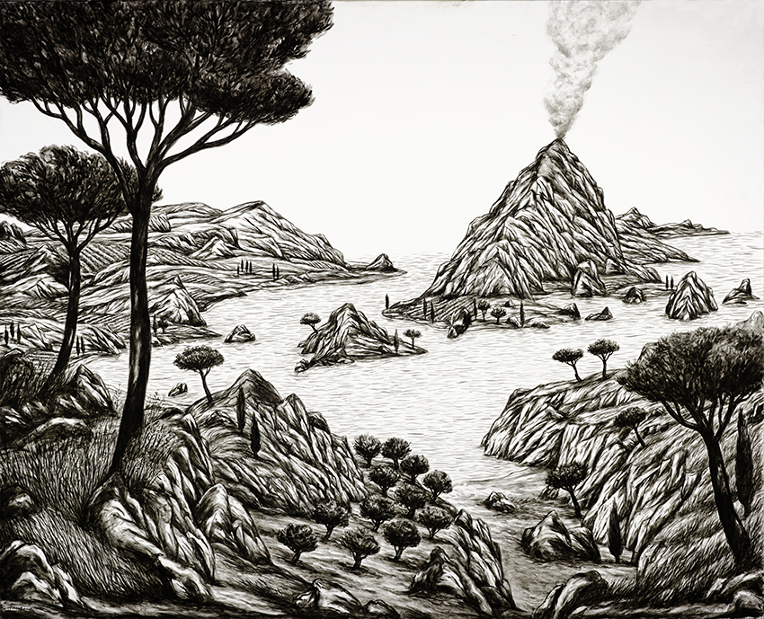 Pangaud-artiste français contemporain, peint un bord de mer-calme,-sereine-riche en végétation-de grands arbres-un champ d’oliviers. Le volcan gronde avec sa fumée brulante qui s'élève dans le ciel, la nature est sauvage et peut devenir violente. Pangaud traduit nos imaginaires au-delà de la réalité. Pangaud paints a small sea by the sea, calm, serene, rich in vegetation with large trees, a small field of olive trees while the volcano growls with its burning smoke that rises in the sky, nature is wild and can become violent. Pangaud translates our imaginations beyond reality. Pangaud pinta un pequeño mar junto al mar, tranquilo, sereno, rico en vegetación con grandes árboles, un pequeño campo de olivos mientras el volcán ruge con su humo ardiente que se eleva en el cielo, la naturaleza es salvaje y puede volverse violenta. Pangaud traduce nuestras fantasías más allá de la realidad.