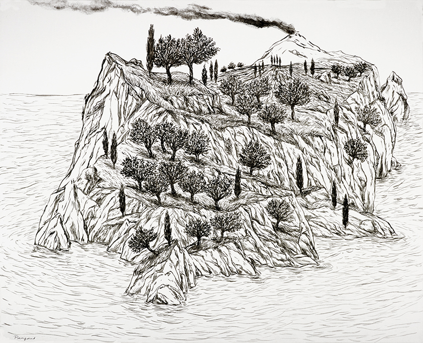 Pour Pangaud l'île représente la vie-l’espace-la nature,-l'environnement. Habitée de quelques arbres Pangaud par sa peinture nous entraine dans le regard et la réflexion du monde dans lequel nous vivons. Alone, this island represents life, space, nature, the environment. Inhabited by a few trees Pangaud wants by his painting leads us into lregard and reflection of the world in which we live.