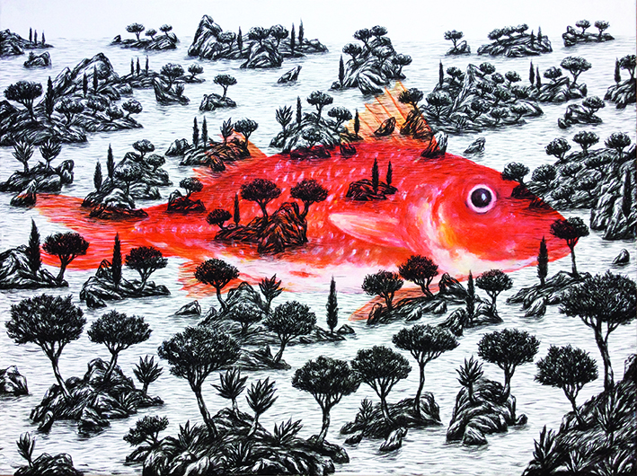 Peinture Xavier PANGAUD-lumière rouge du poisson-décor mer et rocher-arbre-environnement-rouget poisson caché dans la nature-artiste réalité imaginaire-art pictural-fis-nature-espace-environnement-vie-life-animal-regard-contemporain