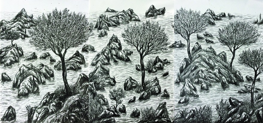 dessin peinture, triptyque dessiné par Xavier Pangaud, artiste contemporain français, galerie d'art, expression libre et imaginaire art visuel land art visuel, drawing in black and white of the nature, life and environnement and space of liberty