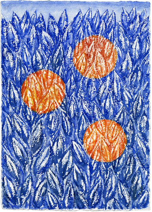 En créant des cercles dans un paysage bleu, pangaud transforme notre vision du paysage, de l'espace, il aplatit la perspective, le dessin occupe toute la surface de la feuille, les cercles sont comme des loupes dans un décor. Pangaud dessine nos imaginaires à partir de formes simples.