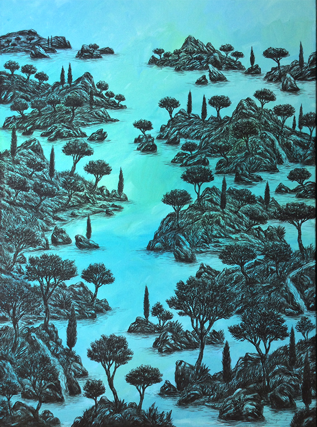 Sur un fond bleu, couleur du ciel et de la mer, paysage imaginaire entre deux rives d'une végétation riche d'ilots et de rochers avec une végétation luxuriante. Le dessin rejoint la peinture, le monochrome noir s'imprègne dans le fond coloré.