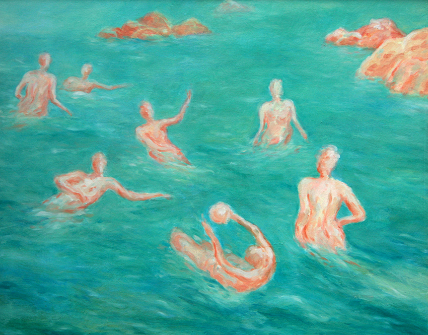 Jeu de balle dans une mer bleue près des rochers. Scène de détente et de jeu.