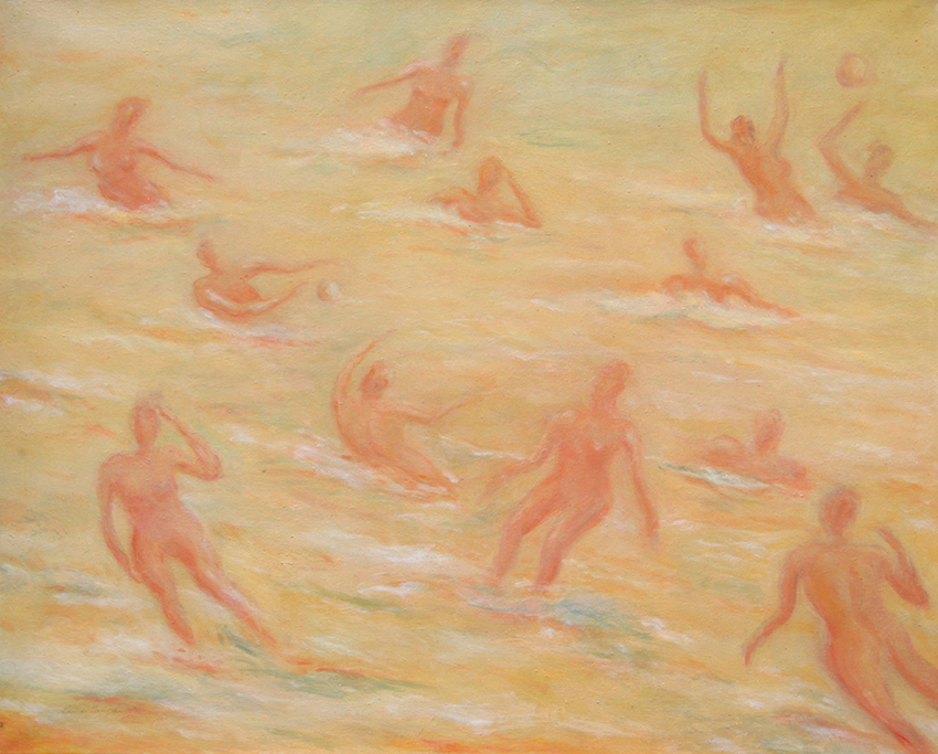 Dans une mer jaune par le soleil et la chaleur des femmes et des hommes se plongent dans l'eau, courants, jouent au ballon. Paysage de douceur et de lumières d'été.