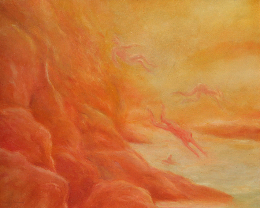 Dans les jaunes et les rouges de la toile plusieurs personnes sautent et plongent dans la mer. La chaleur est celle du soleil, de la température ou celle d'un incendie.