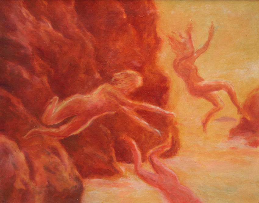 Trois femmes sautant des rochers dans une ambiance incendiaire du bord de mer.