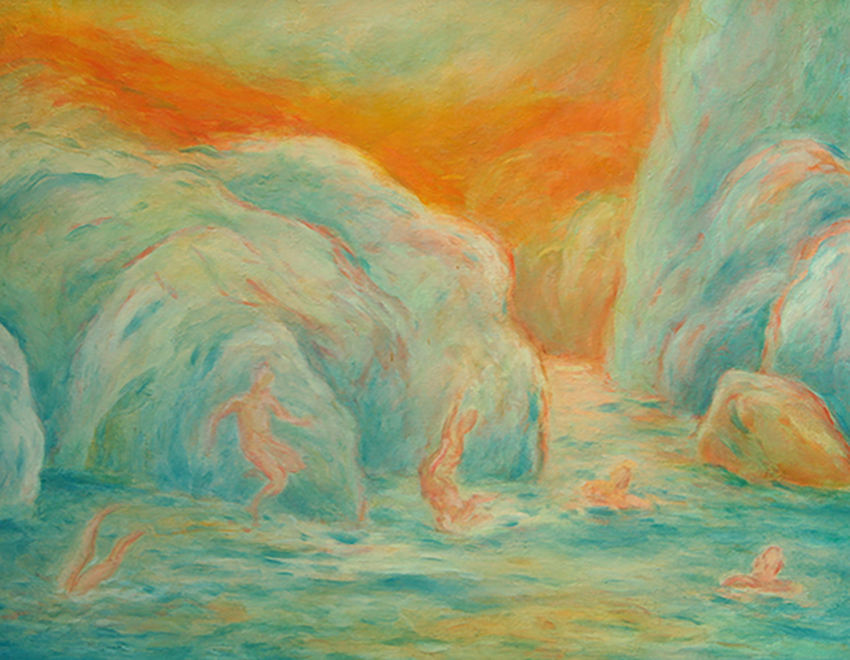 Jeux d'eau entre les rochers bleus dans la chaleur orangée du soleil couchant. Jeux d'eau entre les rochers bleus dans les chaudes lumières d’été.