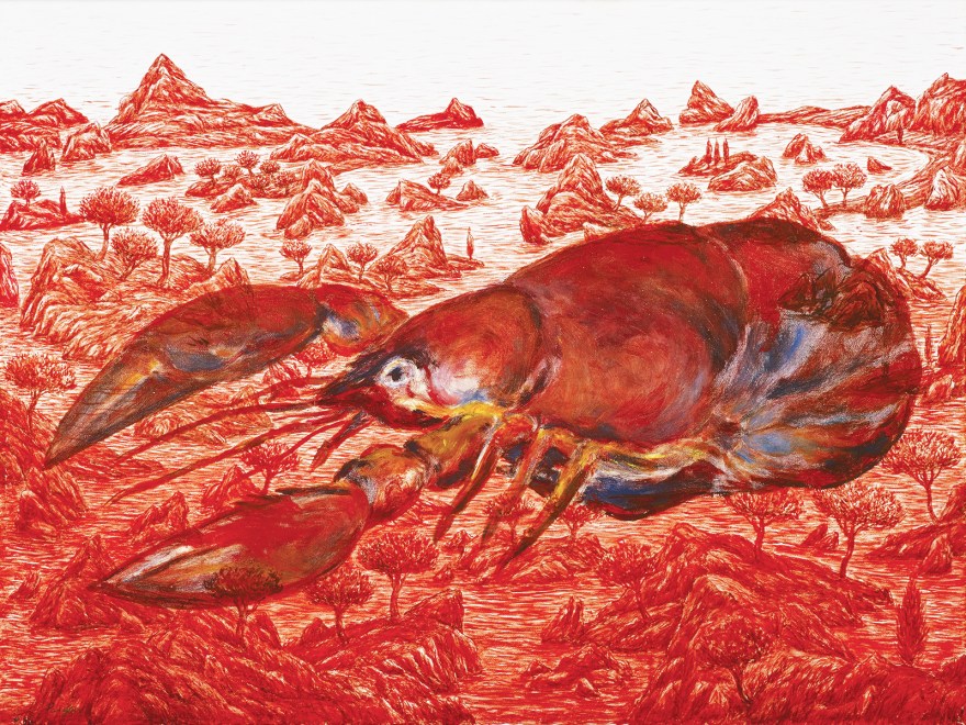 Pangaud, artiste peintre contemporain français, atelier galerie de peintures à Lyon. Crustacé, langouste sortie de mer dans un paysage incertain naturel, sauvage de bord de mer où naviguent des iles couvertes d’une végétation luxuriante. Pangaud paints the reality of a crustacean, a lobster, a lobster going out of the sea in an uncertain natural and wild seaside landscape where sail islands covered with lush vegetation. Pangaud Pinta la realidad de un crustáceo, una langosta, una langosta salida del mar en un paisaje incierto natural y salvaje de la orilla del mar donde navegan islas cubiertas de una vegetación exuberante.