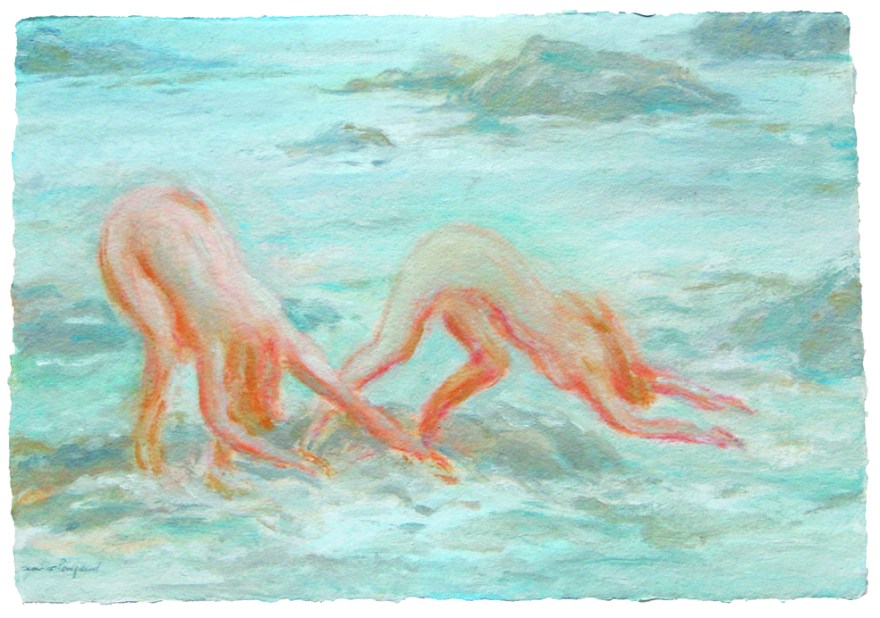 deux corps de femmes plongent dans les remous de la mer. Instantané du mouvement. peinture huile sur papier.