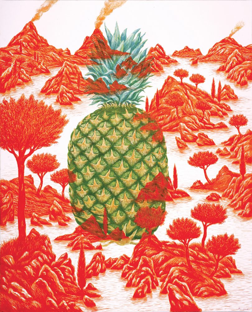 peinture d'un ananas dans un paysage tropical rouge avec volcan, mer et rochers