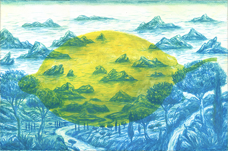 Le fleuve et la rivière bleue du bord de mer. Arbres maritimes d'un paysage imaginaire peint avec réalisme par xavier pangaud. Citron bleu.