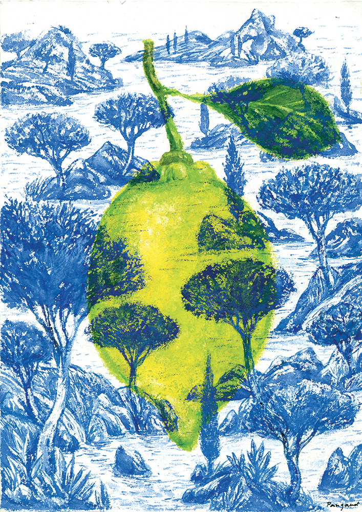 aquarelle sur papier de Xavier Pangaud, citron jaune dans un paysage monochrome beu