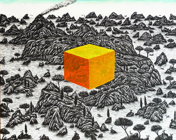 paysage cube coloré jaune, orange, rouge, avec oiseaux, volcan annonçant son éruption proche, black landscape on seaside.