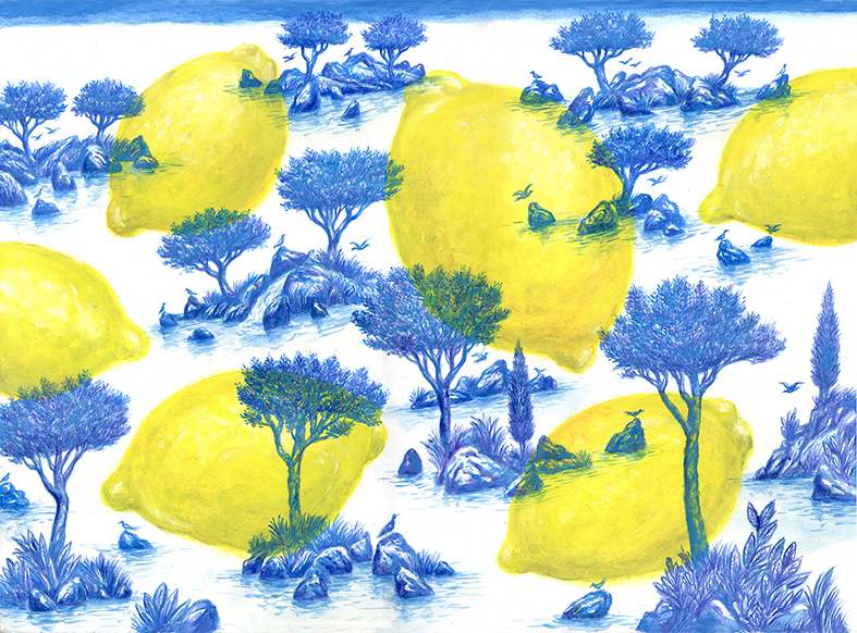 Peinture huile sur papier. Paysage imaginaire bleu avec oiseaux et végétation luxuriante.