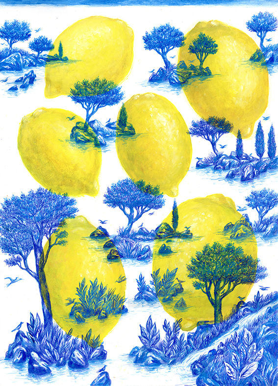Peinture sur papier de la série "réalité imaginaire". Paysage bleu imaginaire d'ilots avec une végétation méditerranéenne et oiseaux en vol. Les citrons jaune par leur réalisme se confronte et s'intègre dans ce paysage.