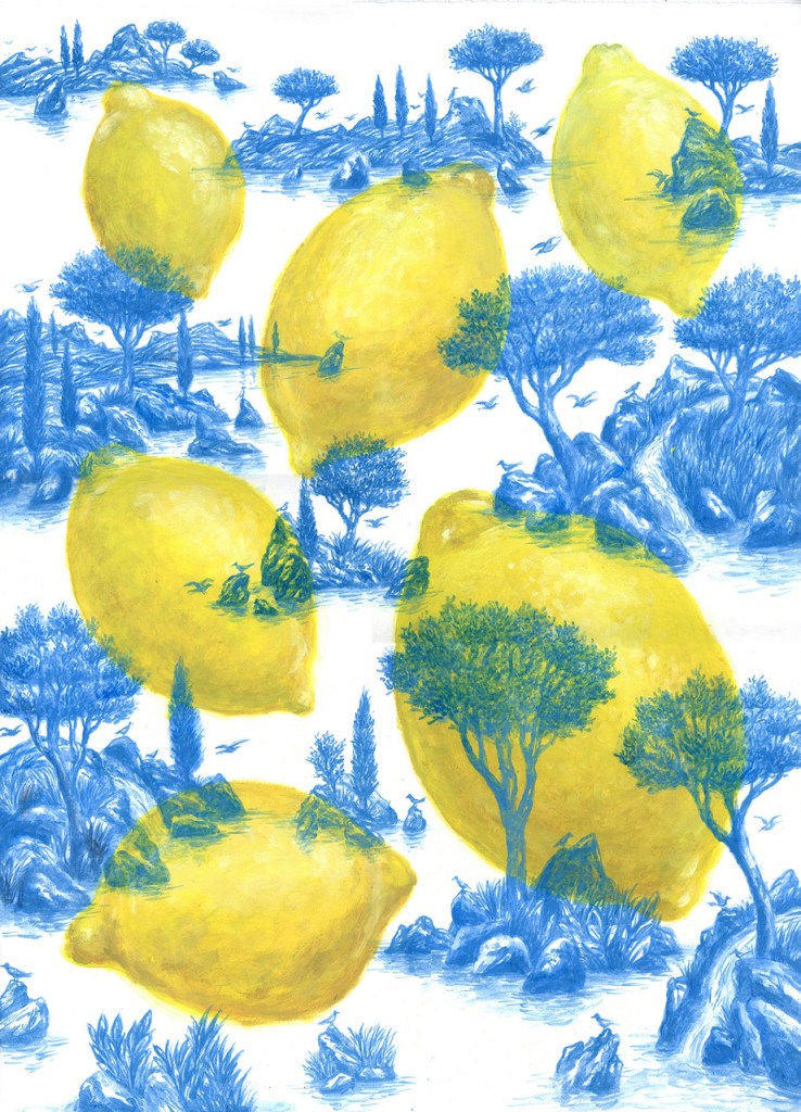 Jeu de citrons jaune peint avec réalisme dans un paysage imaginaire d'ilots avec oiseaux. Paysage bucolique dans un climat méditerranéen. Peinture huile sur papier grand format.