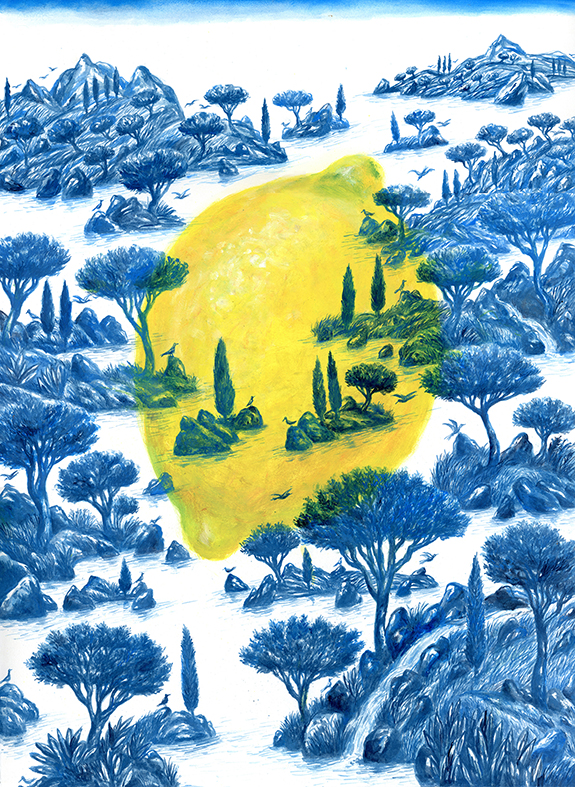 Citron jaune dans paysage bleu imaginaire avec oiseaux.