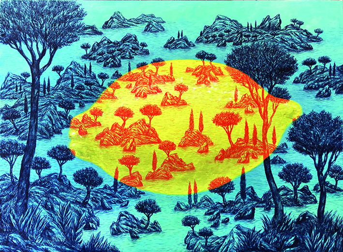 paysage rouge sur citron jaune, confrontation entre réalité et imaginaire, le réalisme de l'agrume joue avec un paysage imaginaire traité avec réalisme. Peinture à l'huile sur toile de Xavier Pangaud