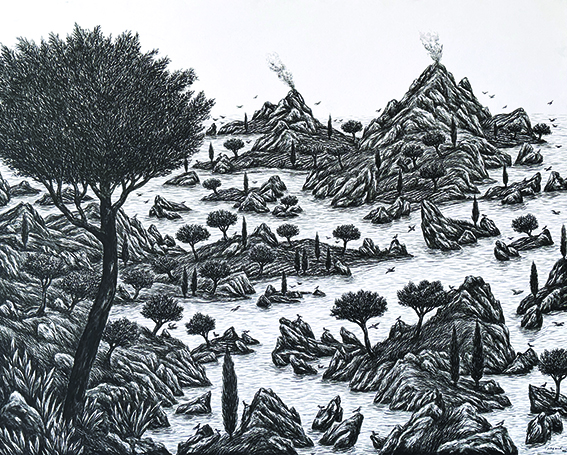 Etrangeté et oiseaux / Strangeness / huile sur tole / oil on canvas / 100 x 81 cm. Pangaud peint des paysages imaginaires traités avec le réalisme d'un dessin juste et précis. La diversité des rochers, des arbres, des méandres des ilots donne une complexité à ce paysage. La nature semble parfois compliquée mais elle n'est que simplicité même en étant vers et luxuriante. Le noir de Pangaud n'est pas le noir de soulages, la couleur noir dans ses toiles est une approche de la couleur, il permet à chacun de mettre en couleur le paysage monochrome.