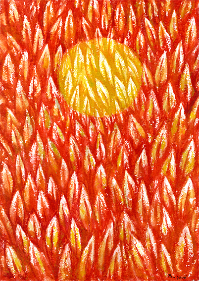 dans une nature en feu, rouge, orange, et jaune du feuillage apparait la lumière solaire par un cercle intégré dans le paysage. Aquarelle sur papier de xavier pangaud