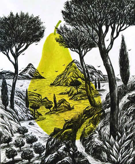 Douce, sucrée, piquante, colorée, lumineuse, poire dans un paysage de Méditerranée avec oiseau, ilots, végétation, arbres rochers, rivière, plage, oliviers