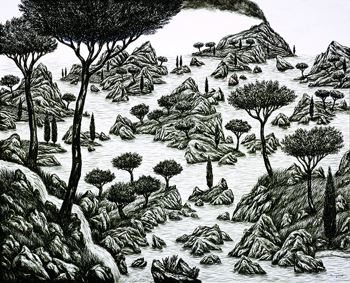 Paysage infini d'ilots en bord de mer, peinture à l'huile de Xavier Pangaud; Paysage imaginaire dessiné avec réalisme, la végétation pousse en toute liberté, l'eau d'une rivière s'écoule des rochers à la mer. Oliviers, pins et cyprès habillent ce paysage.