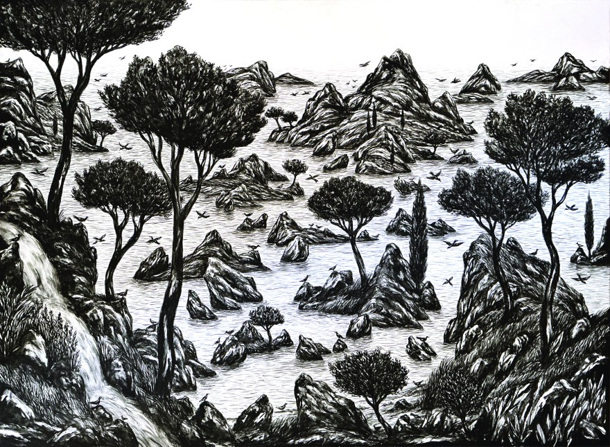 Paysage imaginaire traité sur un mode réaliste en monochrome noir et blanc; Peinture à l'huile sur toile. La végétation plonge dans la mer, les oliviers semblent se promener sur les rochers, les cyprès structurent l'image. Une source d'eau fraiche coule jusqu'à la mer. Partout dans l'espace volent les oiseaux.