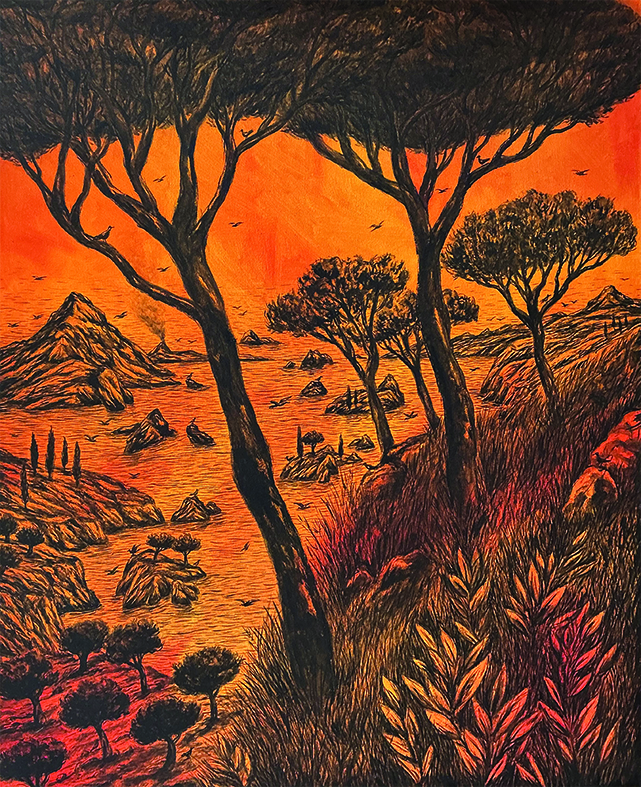 Pangaud-xavier-peinture-feu-violence-arbres-végétation-paysage contemporain-orange-monochrome-volcanique-arbres-pangaud-artiste-oliviers-arbres-végétation-paysage contemporain Peinture réaliste imaginaire de PANGAUD. Paysage avec oiseaux en vol ou au repos.