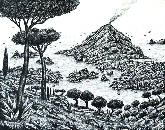 Pangaud dessine un réel paysage imaginaire. Environnement naturel de sagesse et d'histoire avec champs d'oliviers qui surplombent la mer face à la vie du volcan et de ses fumerolles. L’éruption volcanique sera dans un temps indéterminé dans un espace naturel infini.