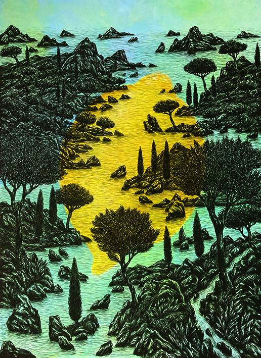 Réalité imaginaire représenté par Xavier PANGAUD, artiste français, peinture d'un citron placé au coeur d'un paysage monochrome de noir avec comme source de lumière un citron hors proportion jaune. Art contemporain dans la galerie de l'artiste. Black landscape on blue and green color with a yellow lemon on the center of the painting.