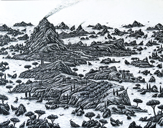 Le champ d'oliviers plonge vers la mer, l'ombre des arbres marques le sol, PANGAUD traduit ainsi une présence humaine dans des paysages sauvages avec un dessin/peinture réaliste. Dans ce paysage monochrome noir, riche de nombreux ilots volent avec une grande liberté de nombreux oiseaux.