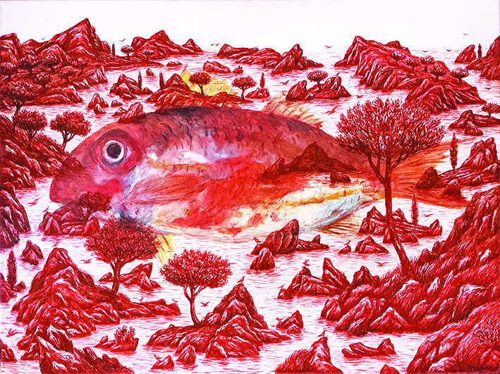 Poisson de l'ile d'yeu, le rouget vit entre les rochers du bord de mer. Il est de la couleur du paysage du bord de mer, de rochers, ilots et une végétation sauvage à travers lequel volent en toute liberté et sécurité les oiseaux. Peinture réaliste à l'huile avec un dessin de paysage imaginaire.