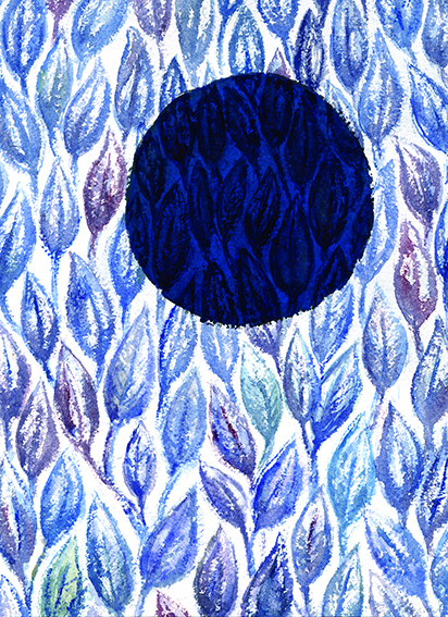 Le soleil noir est un paysage nocturne avec la lune qui s'intègre dans un paysage naturel de feuillages. Aquarelle poétique où les lumières de bleus, de violets et de mauves jouent entre elles.